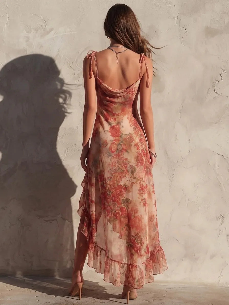 Camilla | Abito Asimmetrico Floreale con Spacco e Volant