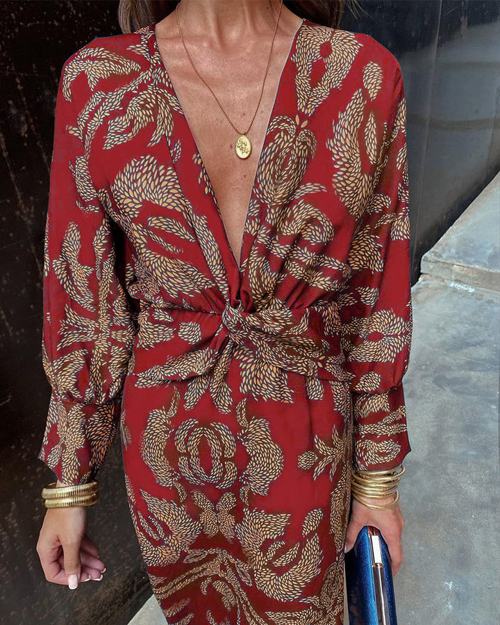 Janella - Abito Midi Vintage Drappeggiato a Maniche Lunghe