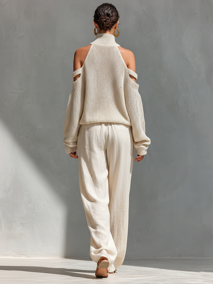 Top a Collo Alto in Maglia Beige con Spalle Scoperte e Pantaloni a Gamba Larga da Donna MDZ0984A5T