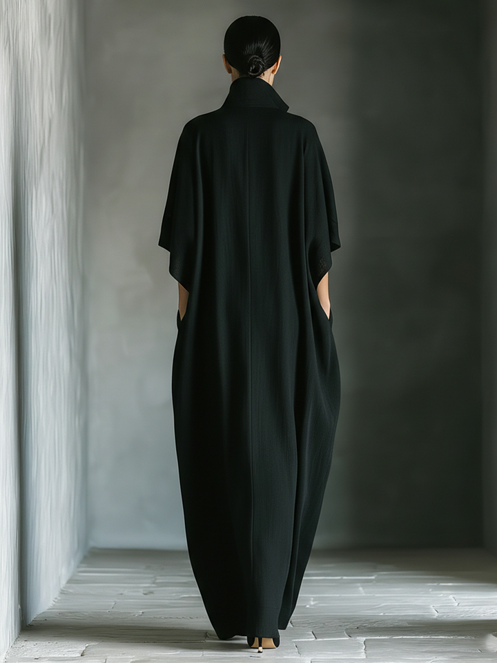 Abito Maxi Nero in Tessuto Misto Cotone da Donna con Maniche a Kimono e Tasche MDZ0577A3T