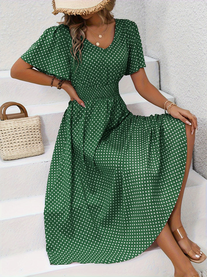 Chic Pink Polka Dot Midi Dress for Women - Casual V-Neck, Ruffle Sleeves, Cinched Waist Design, Lightweight Polyester, Perfect for Spring/Summer, Machine Washable