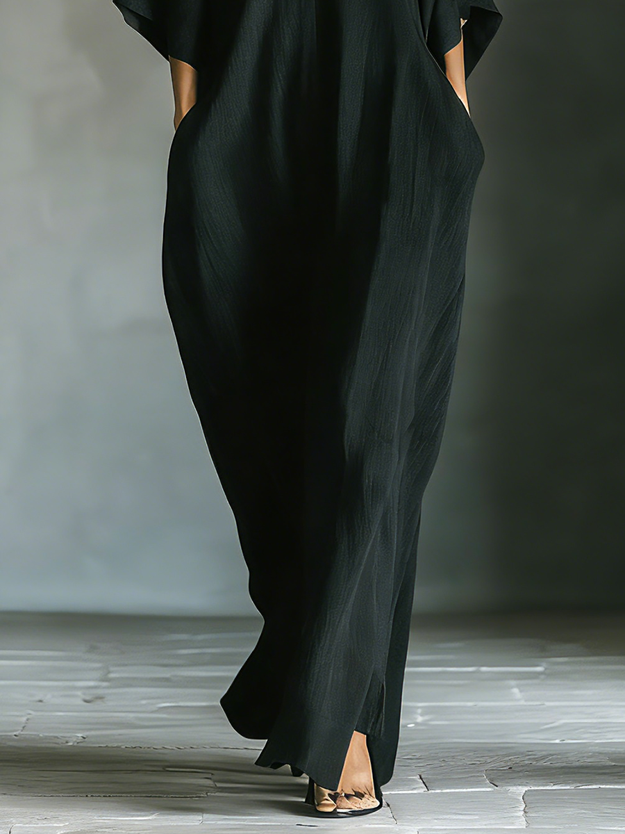 Abito Maxi Nero in Tessuto Misto Cotone da Donna con Maniche a Kimono e Tasche MDZ0577A3T