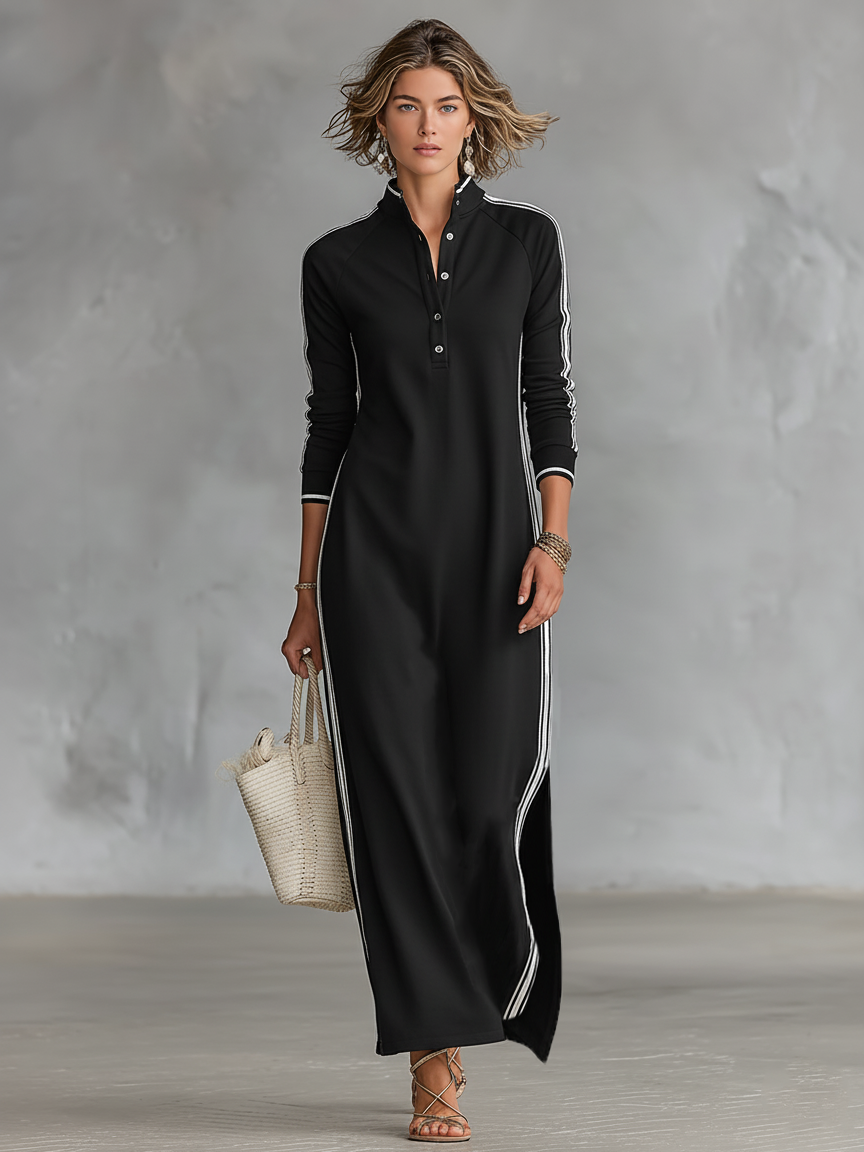 Abito Maxy Sweatshirt da Donna con Collo a Camicia e Bordo Bianco MDA0958L0Y