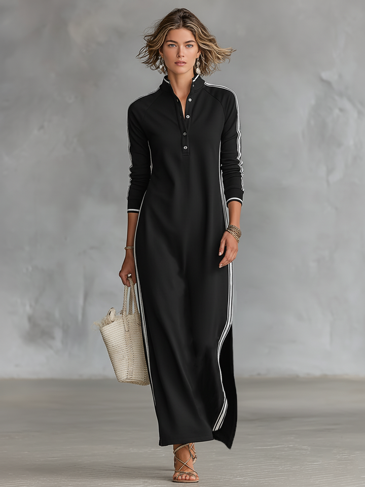 Abito Maxy Sweatshirt da Donna con Collo a Camicia e Bordo Bianco MDA0958L0Y