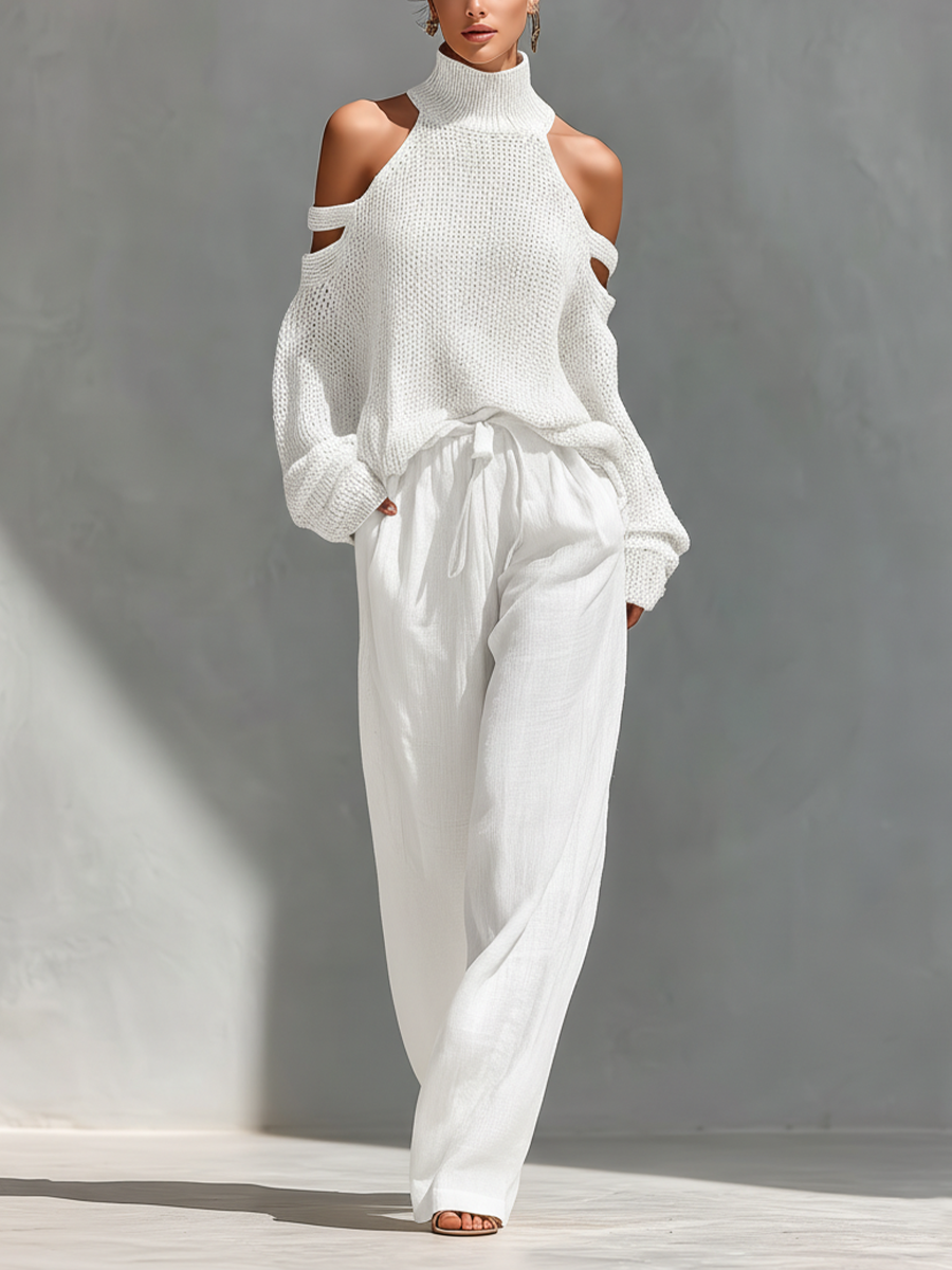 Top a Collo Alto in Maglia Beige con Spalle Scoperte e Pantaloni a Gamba Larga da Donna MDZ0984A5T