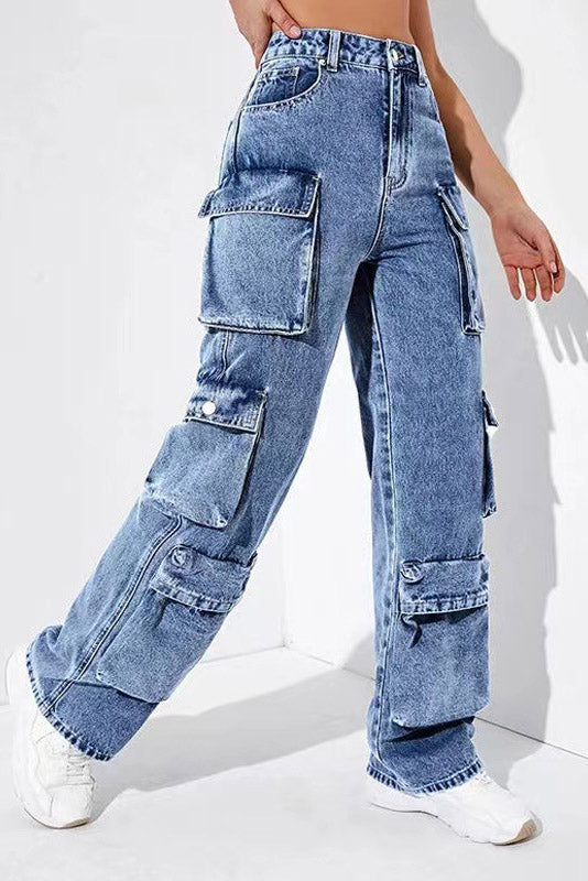 Sofia™ | Pantaloni cargo in denim a vita alta