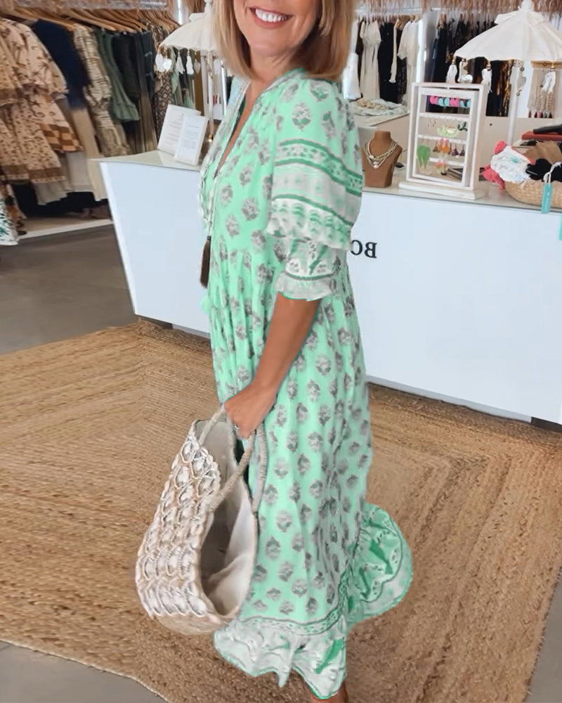 GIULIA | Abito Midi Stampato con Scollo a V e Maniche a Palloncino Eleganti