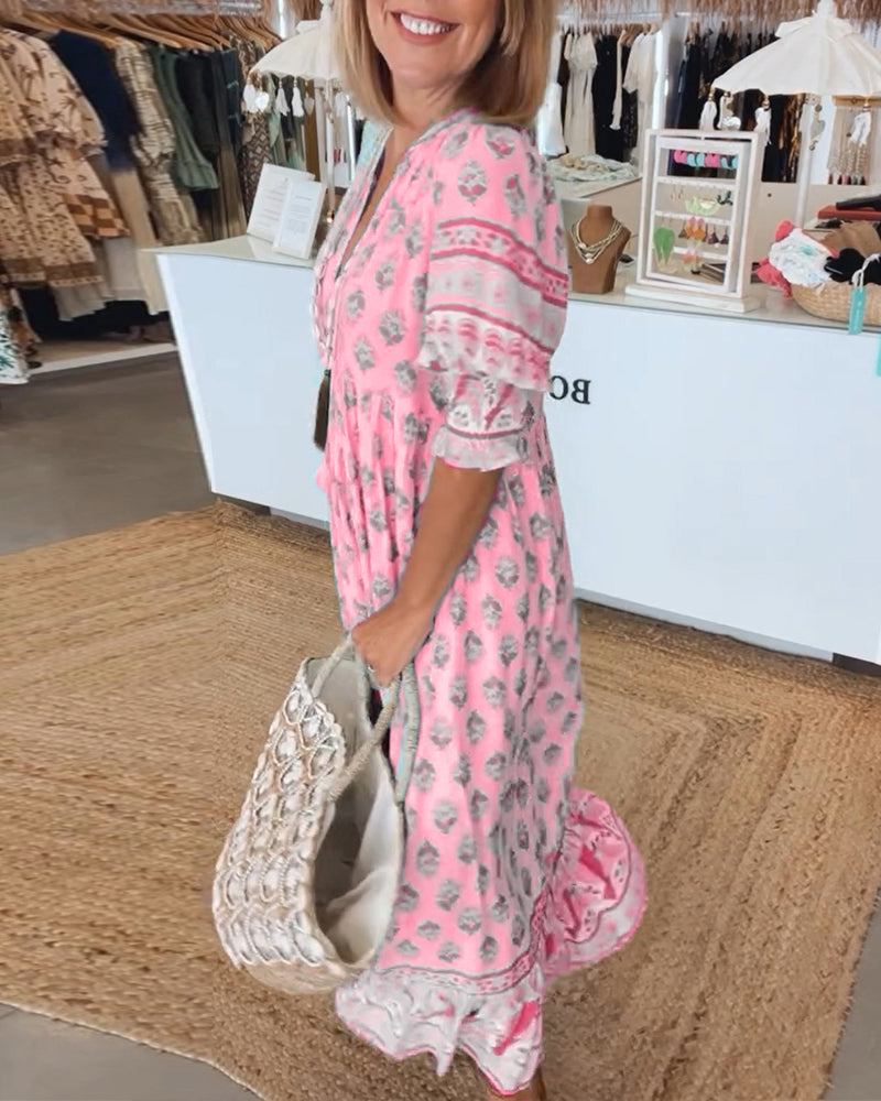 GIULIA | Abito Midi Stampato con Scollo a V e Maniche a Palloncino Eleganti