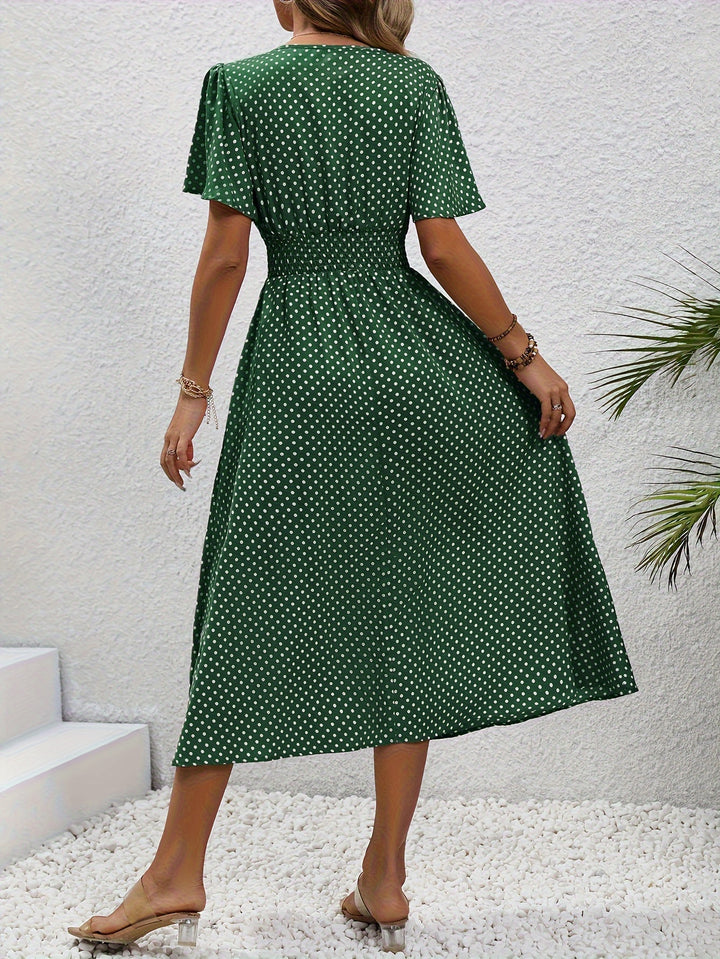 Chic Pink Polka Dot Midi Dress for Women - Casual V-Neck, Ruffle Sleeves, Cinched Waist Design, Lightweight Polyester, Perfect for Spring/Summer, Machine Washable