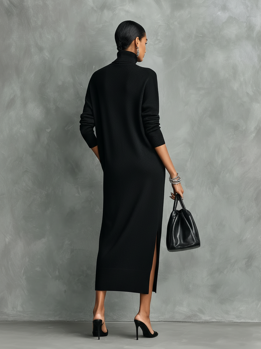 Abito Midi Elegante Nero in Maglia con Collo Alto e Maniche Lunghe, Taglio Largo, Senza Tasche MDA1974L7AN