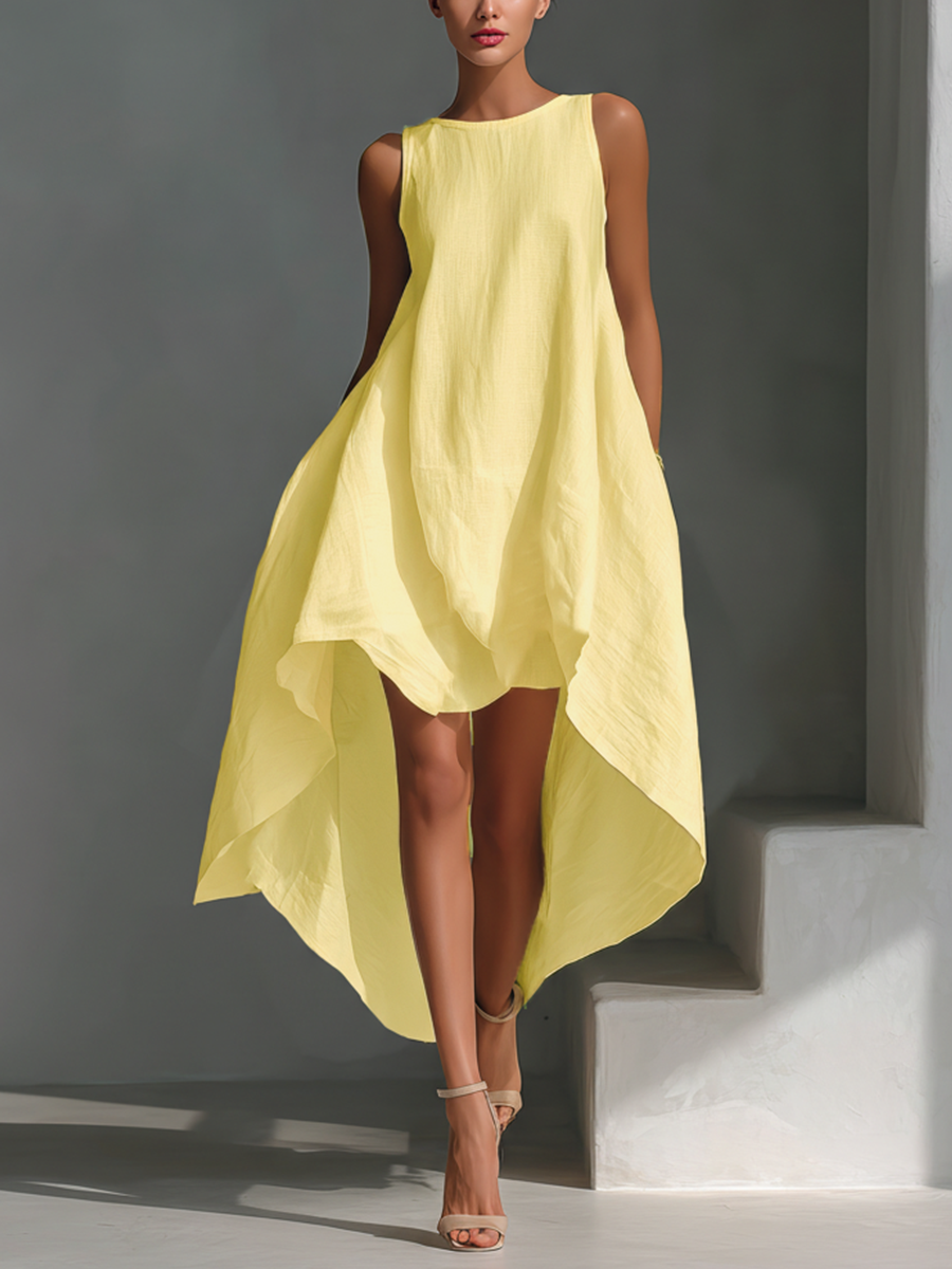 Abito Midi Senza Maniche in Lino Bianco da Donna con Collo Rotondo e Orlo Asimmetrico MDZ0987B9T