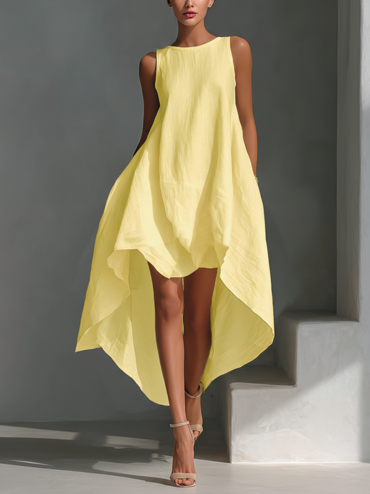 Abito Midi Senza Maniche in Lino Bianco da Donna con Collo Rotondo e Orlo Asimmetrico MDZ0987B9T