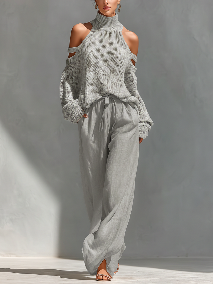 Top a Collo Alto in Maglia Beige con Spalle Scoperte e Pantaloni a Gamba Larga da Donna MDZ0984A5T