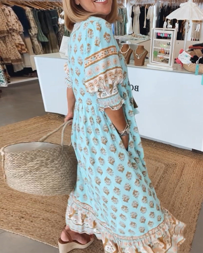 GIULIA | Abito Midi Stampato con Scollo a V e Maniche a Palloncino Eleganti