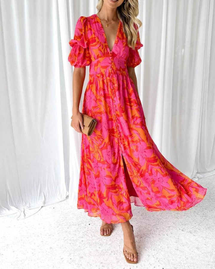 Alva - Elegante Abito Maxi con Scollatura a V e Maniche a Palloncino