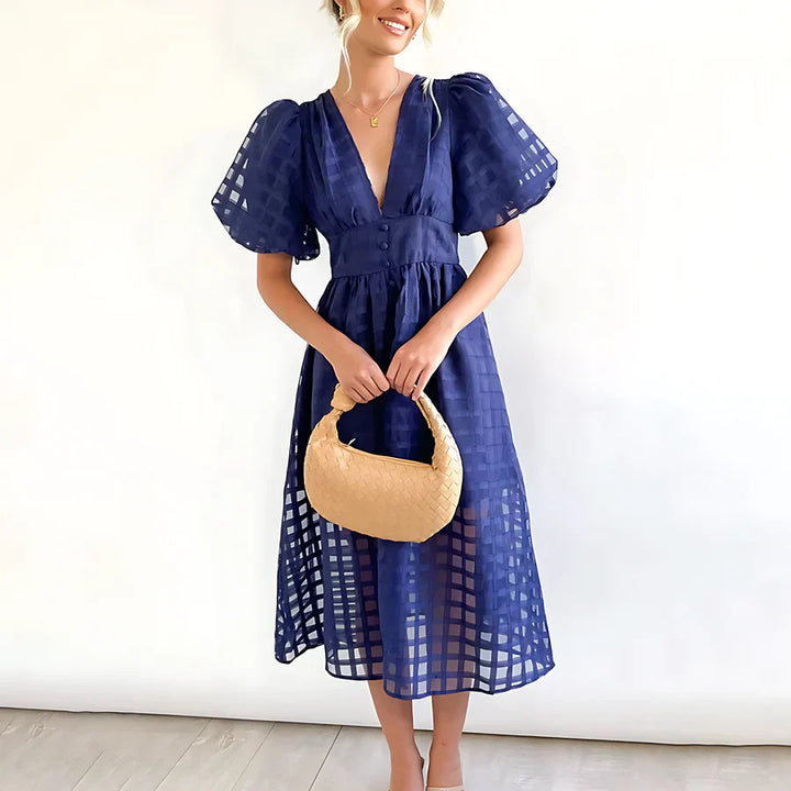 Cindy - Abito Midi con Maniche a Puff a Motivo Classico