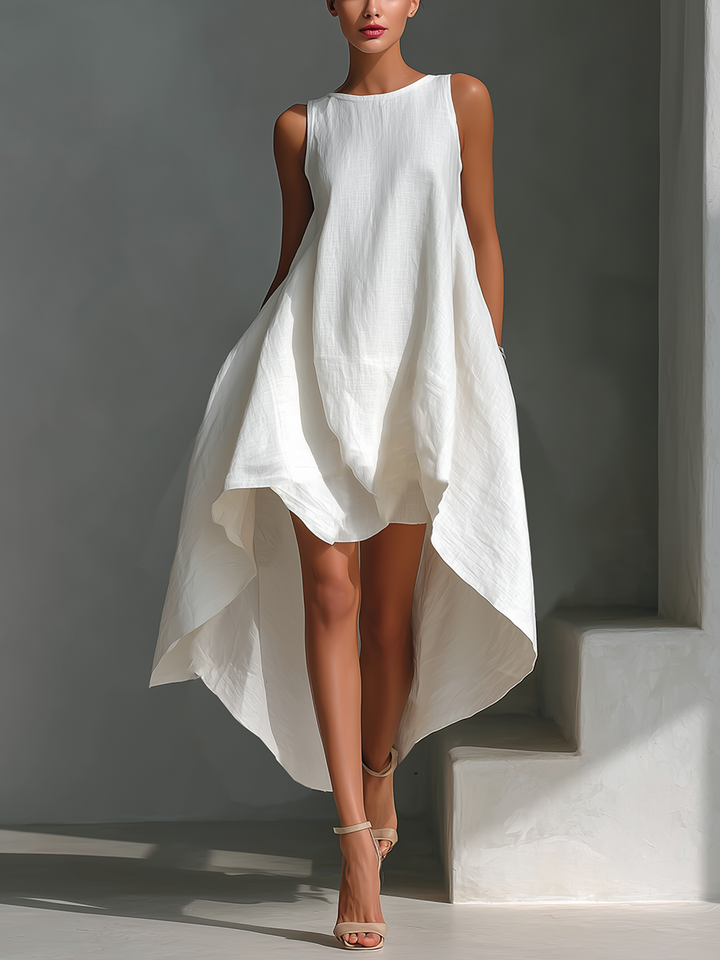 Abito Midi Senza Maniche in Lino Bianco da Donna con Collo Rotondo e Orlo Asimmetrico MDZ0987B9T