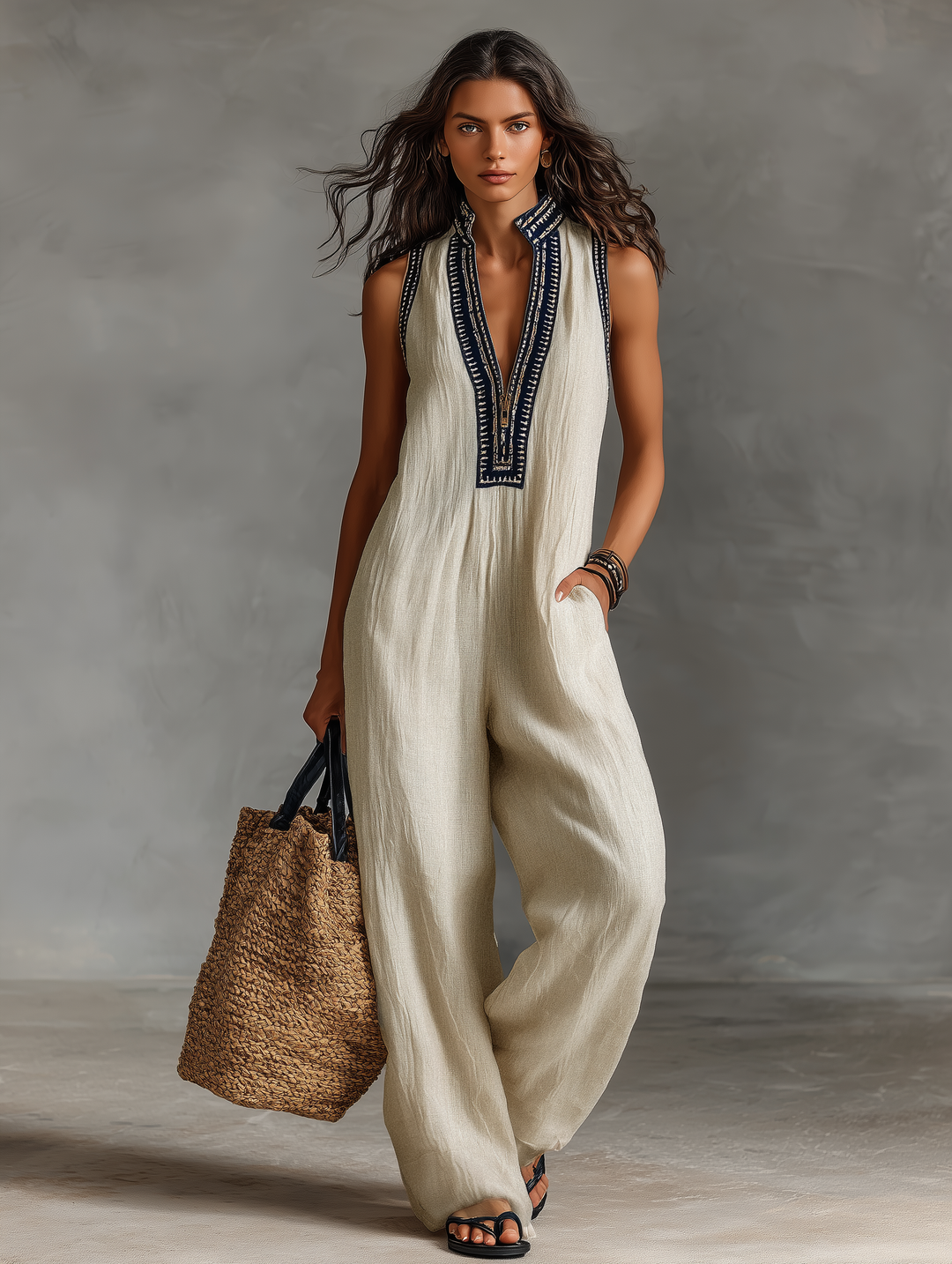 Giada | Tuta in Lino Ricamata Elegante