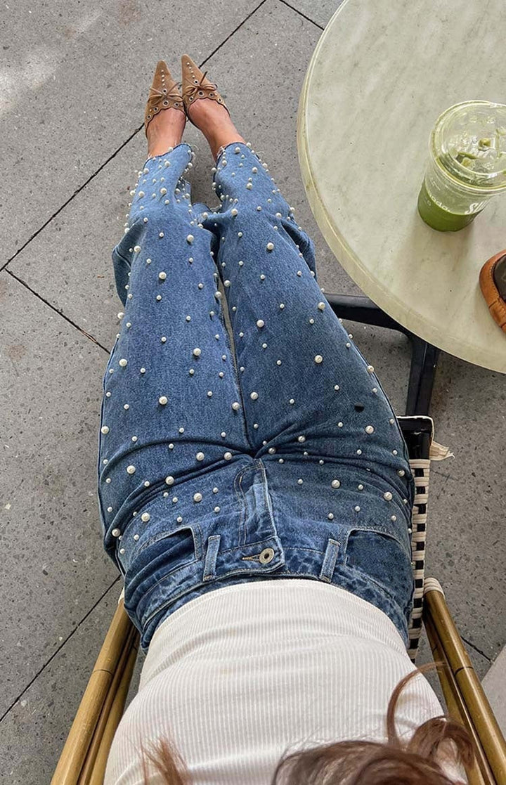 Sofia™ | Celeste - Jeans con Perle di Lusso
