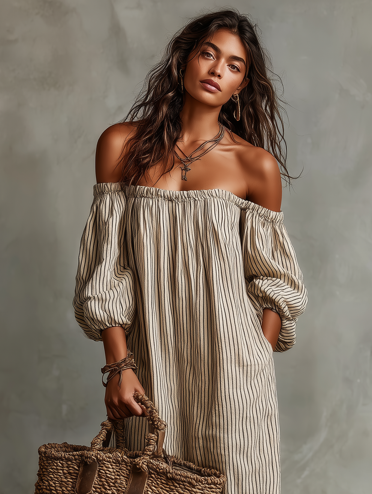 Carmen | Abito lungo in cotone e lino con spalle scoperte