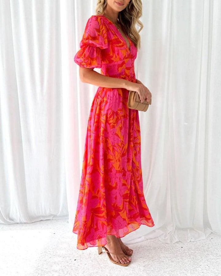 Alva - Elegante Abito Maxi con Scollo a V e Maniche a Palloncino