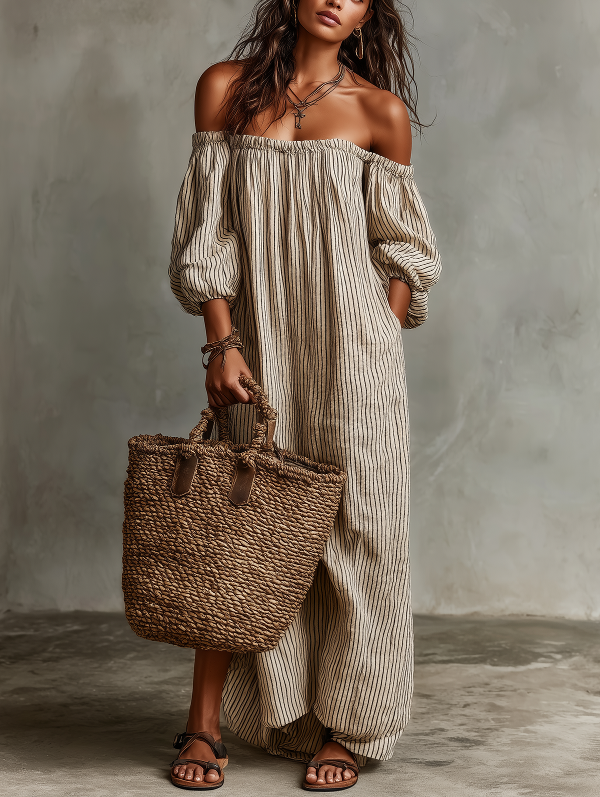 Carmen | Abito lungo in cotone e lino con spalle scoperte