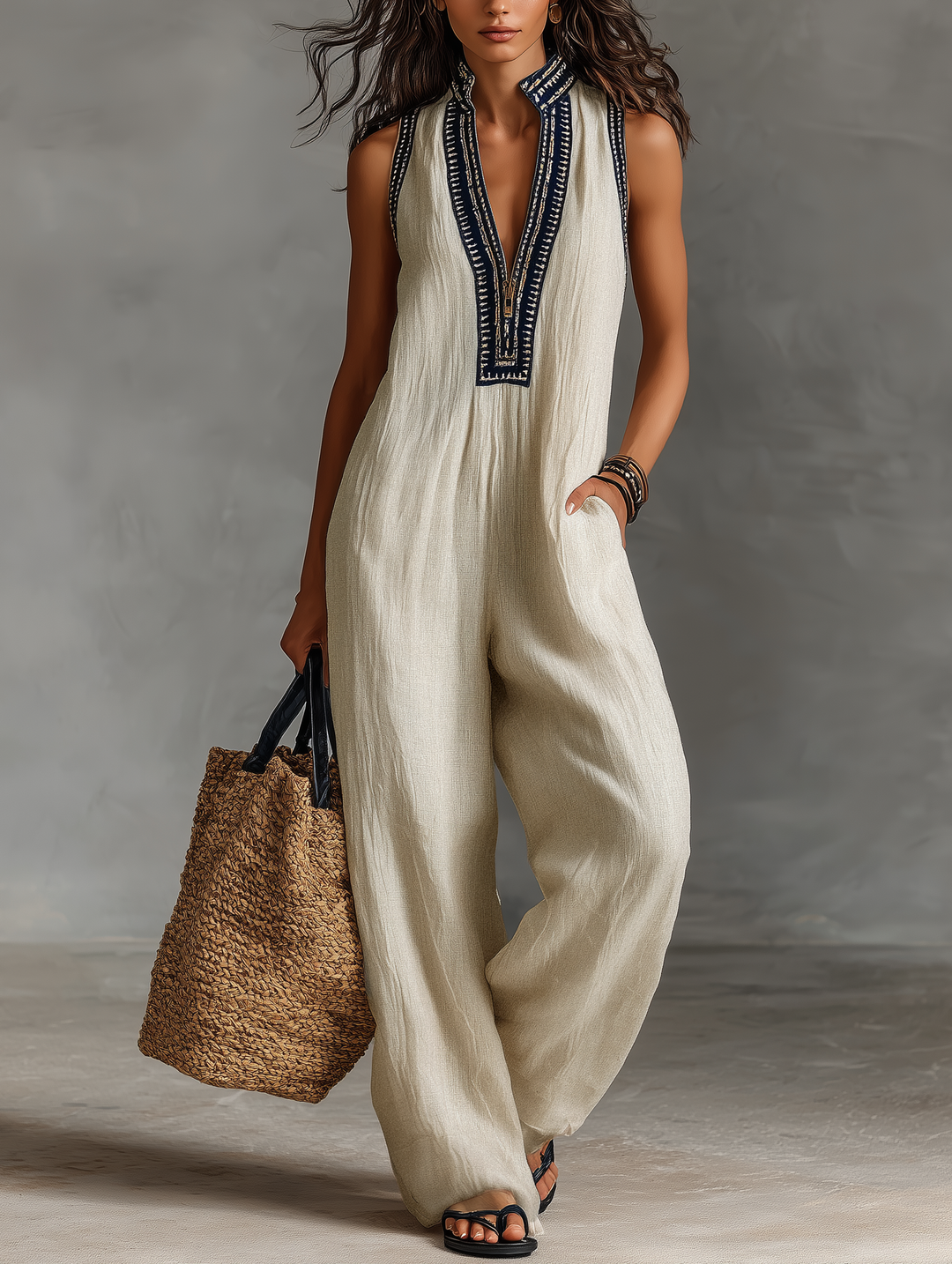 Giada | Tuta in Lino Ricamata Elegante