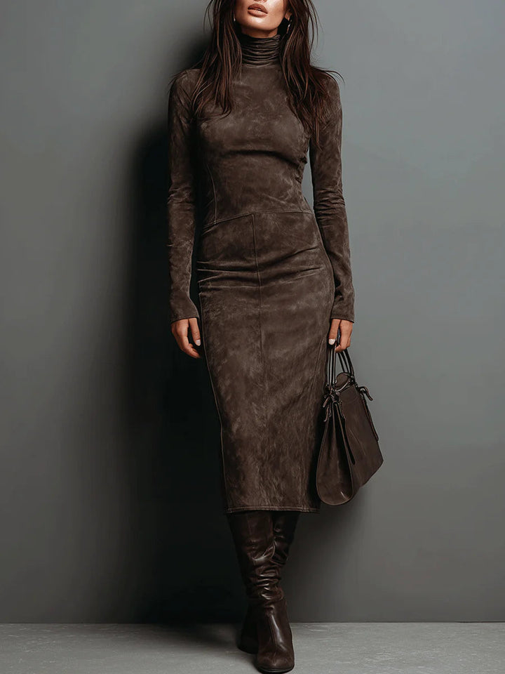 Ilaria - Abito Midi in Suede con Collo Alto e Maniche Lunghe