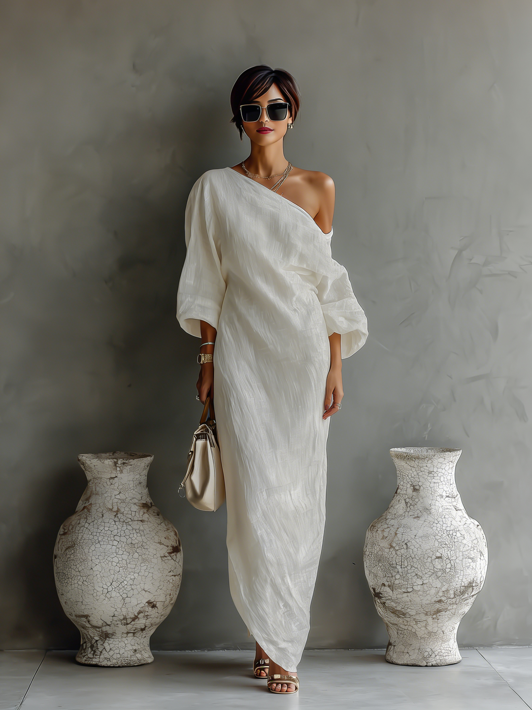 Abito Elegante Fluttuante in Cotone-Lino Bianco Avorio da Donna con Spalla Scoperta MDA3032K4T
