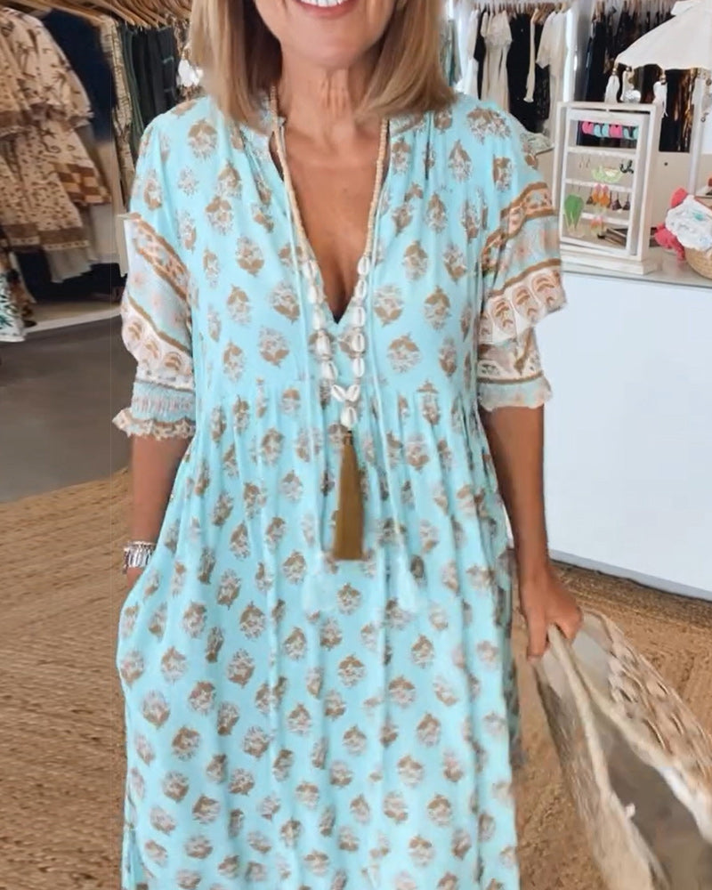 GIULIA | Abito Midi Stampato con Scollo a V e Maniche a Palloncino Eleganti