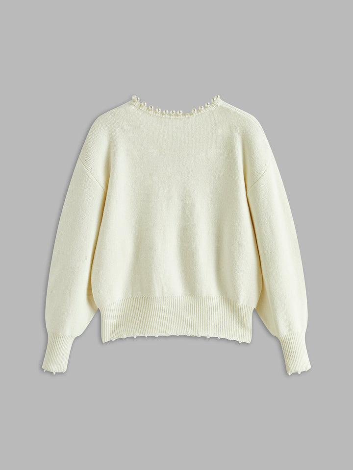 Cardigan con Orlo Strappato e Rifinitura in Perle