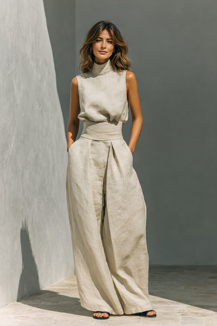 Maria | Completo di canotta e pantaloni larghi in cotone e lino minimalista per donna