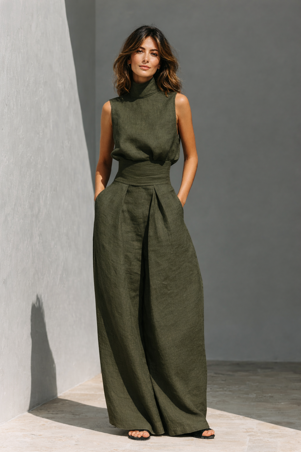 Maria | Completo di canotta e pantaloni larghi in cotone e lino minimalista per donna