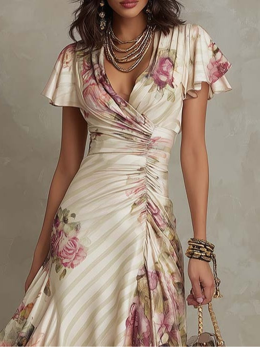 Albas | Abito midi in satin floreale elegante retrò