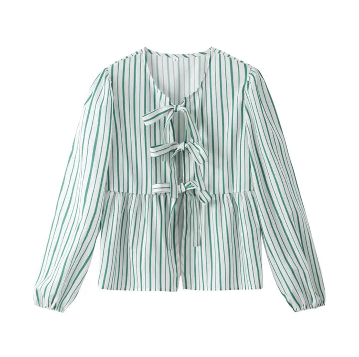 Sofia™ | Blusa corta a peplum con maniche a sbuffo e strisce verdi, decorata con fiocchetti