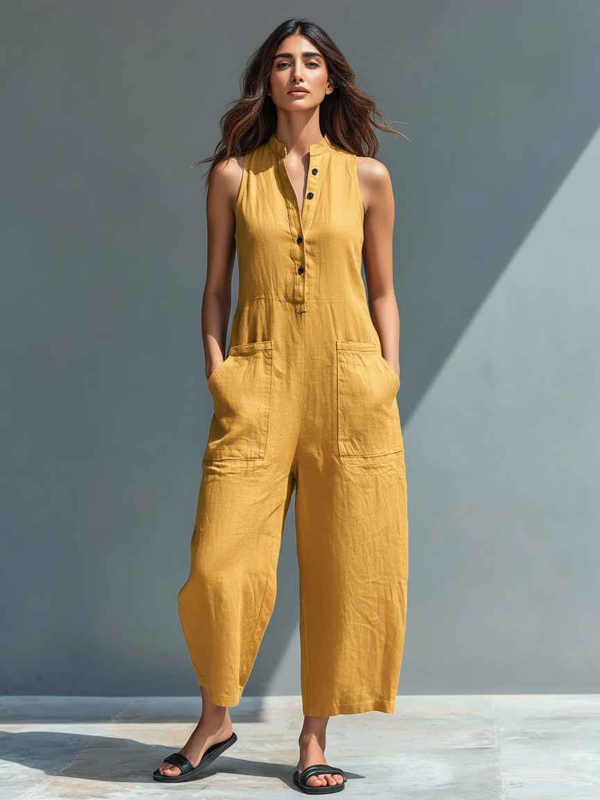 Claudia | Mono minimalista in lino per donna, senza maniche, colletto alto e bottoni