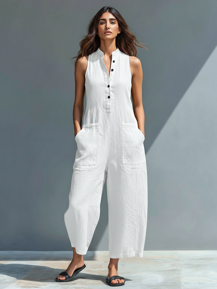 Jumpsuit senza maniche in misto lino minimalista per donna con colletto alto MDZ2725A5Y