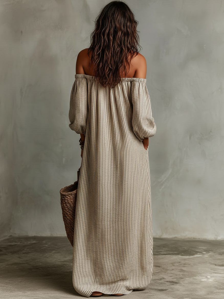 Carmen | Abito lungo in cotone e lino con spalle scoperte