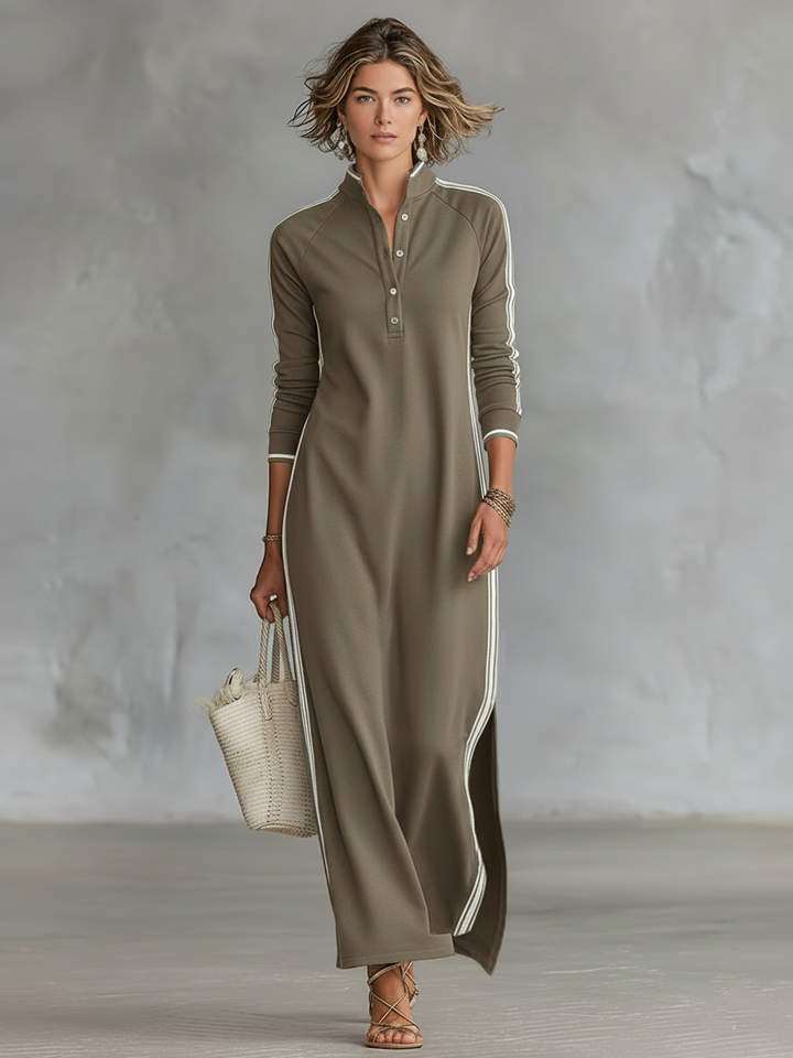 Abito Maxy Sweatshirt da Donna con Collo a Camicia e Bordo Bianco MDA0958L0Y