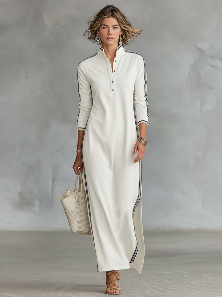Abito Maxy Sweatshirt da Donna con Collo a Camicia e Bordo Bianco MDA0958L0Y
