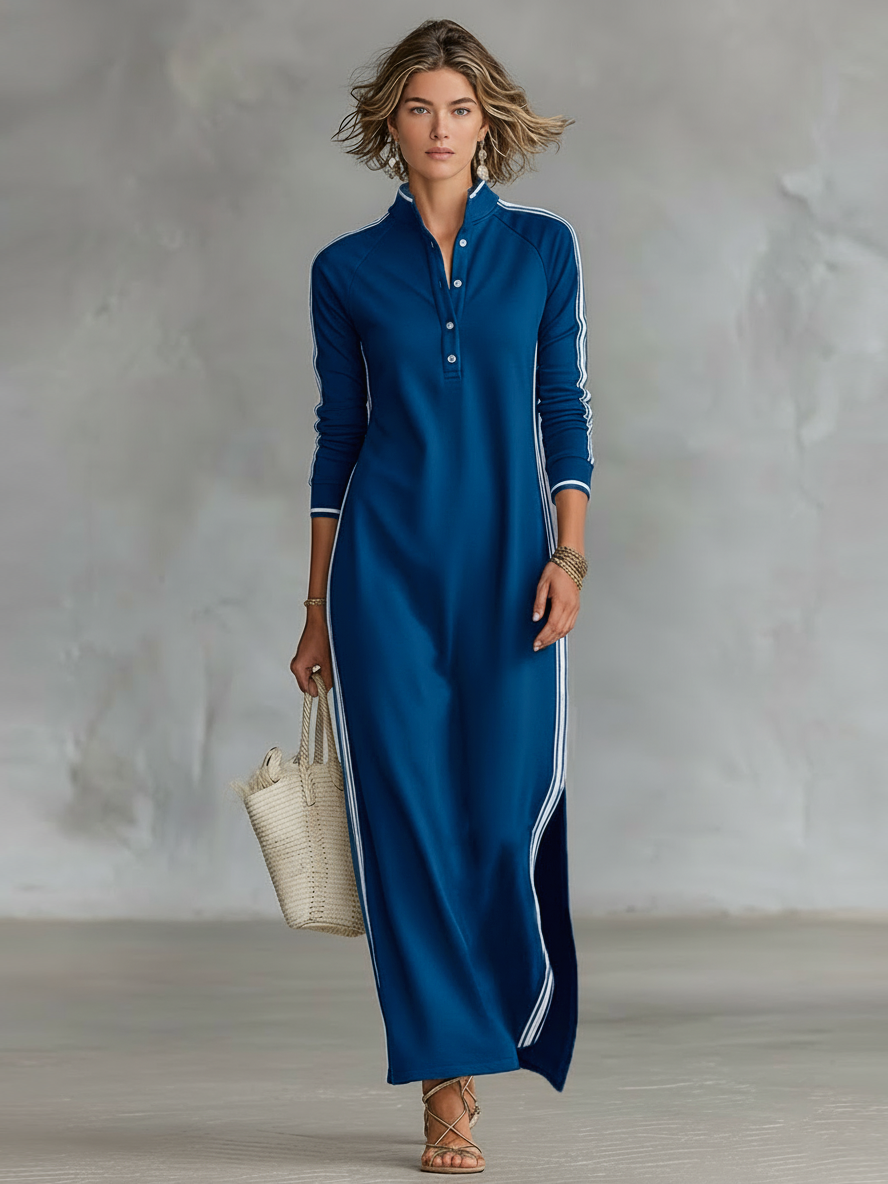 Abito Maxy Sweatshirt da Donna con Collo a Camicia e Bordo Bianco MDA0958L0Y