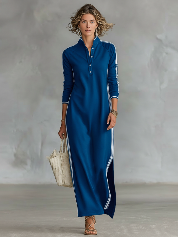 Abito Maxy Sweatshirt da Donna con Collo a Camicia e Bordo Bianco MDA0958L0Y
