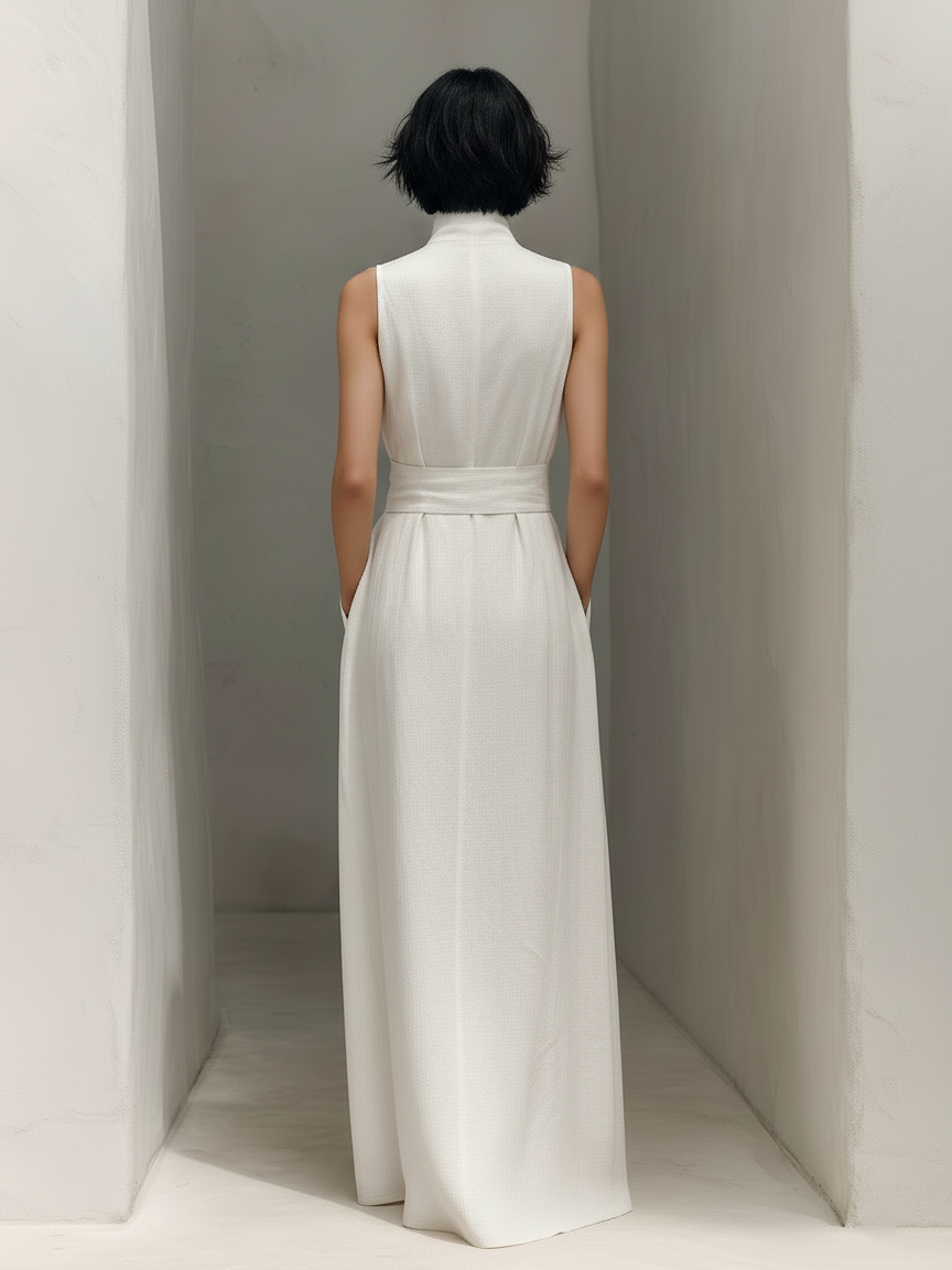 Abito Maxi Senza Maniche In Cotone E Lino Minimalista Con Scollatura A V E Cintura MDZ0803A4Y