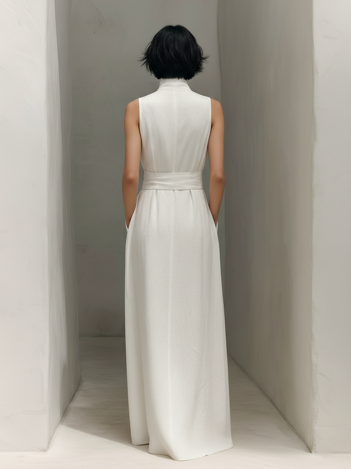 Abito Maxi Senza Maniche In Cotone E Lino Minimalista Con Scollatura A V E Cintura MDZ0803A4Y