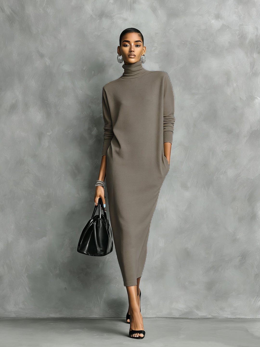 Abito Midi Elegante Nero in Maglia con Collo Alto e Maniche Lunghe, Taglio Largo, Senza Tasche MDA1974L7AN