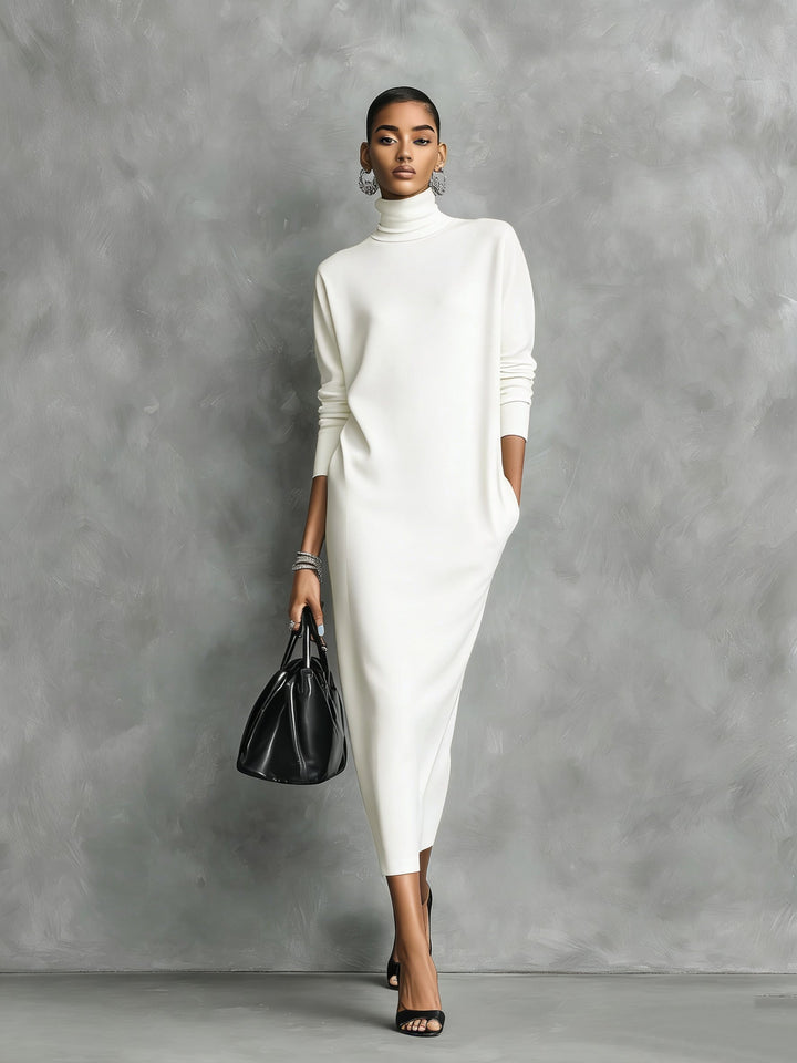 Abito Midi Elegante Nero in Maglia con Collo Alto e Maniche Lunghe, Taglio Largo, Senza Tasche MDA1974L7AN