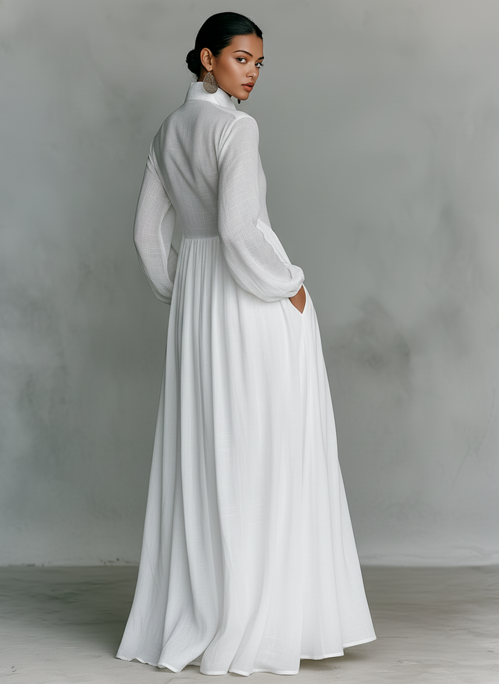 Abito Maxi Minimalista in Cotone e Lino con Pannelli per Donne, Collo Alto, Maniche Lunghe, Abbottonatura Singola MDA0658K6Y