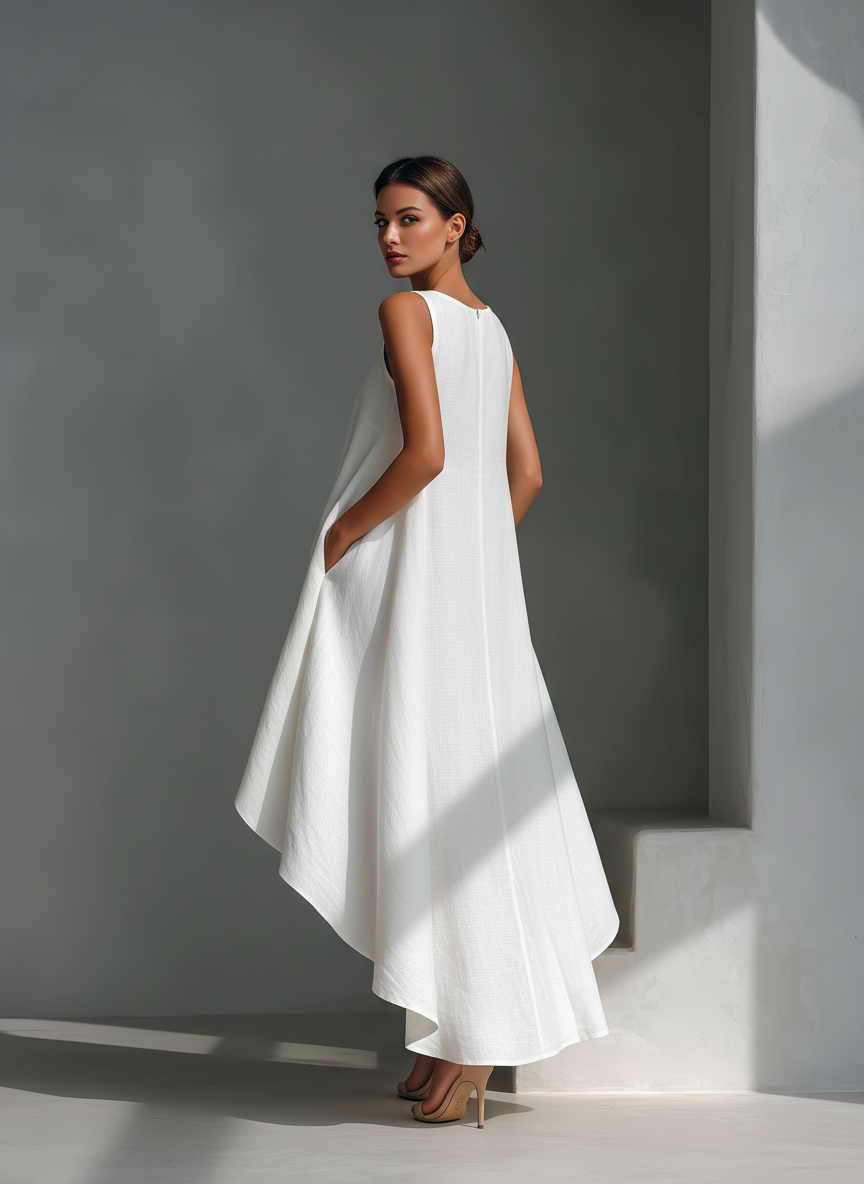 Abito Midi Senza Maniche in Lino Bianco da Donna con Collo Rotondo e Orlo Asimmetrico MDZ0987B9T