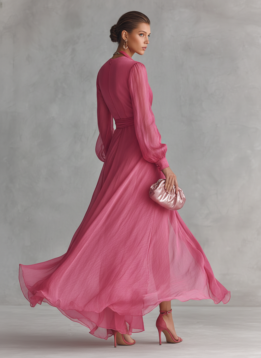 Abito lungo elegante da donna in chiffon rosa perlato con scollo a V e cintura MDZ1925A7BA