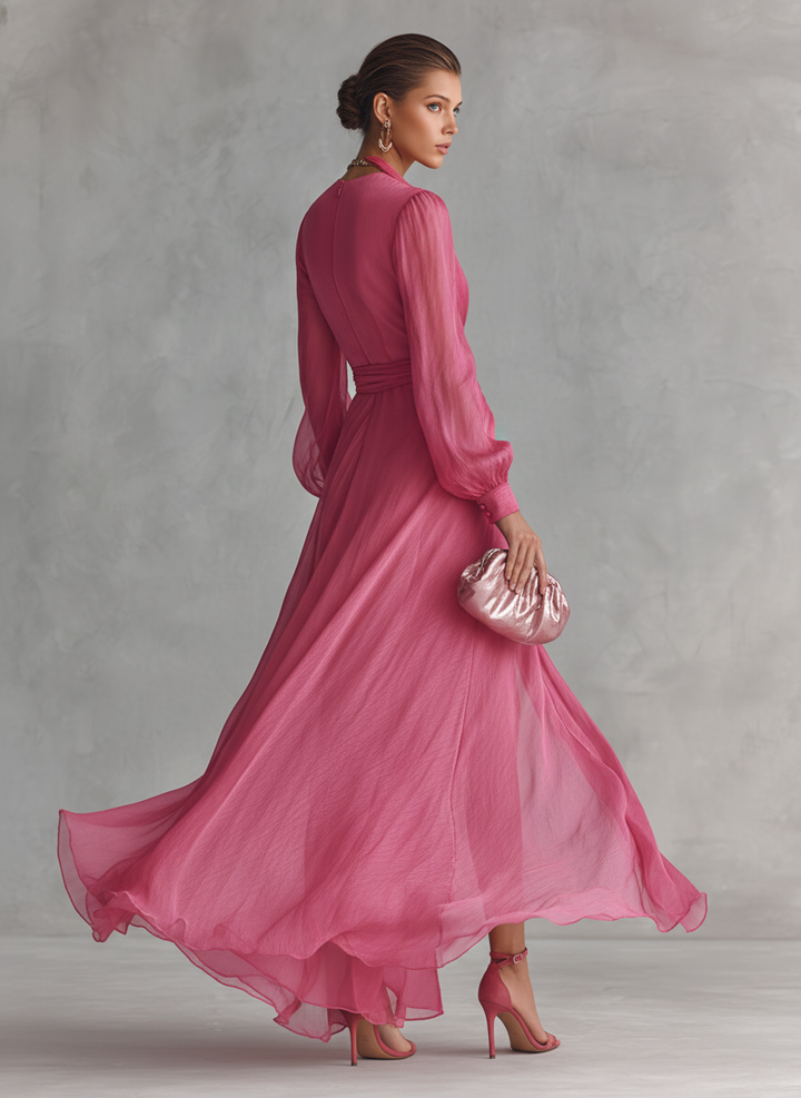 Abito lungo elegante da donna in chiffon rosa perlato con scollo a V e cintura MDZ1925A7BA